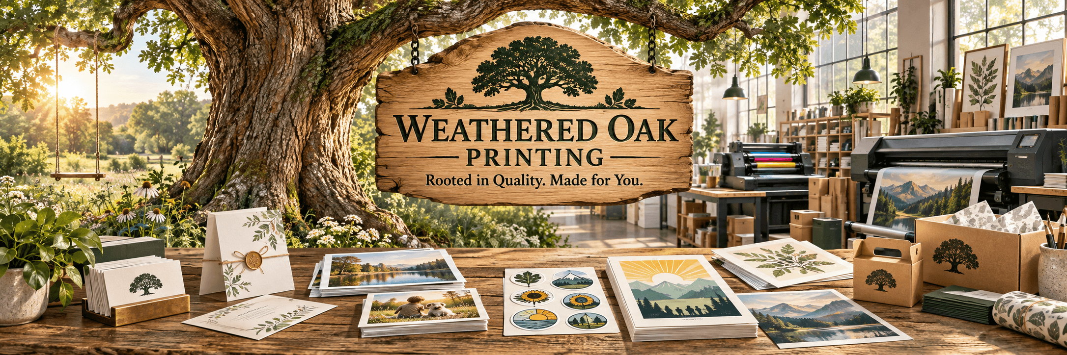 Weathered Oak Printing workshop beneath a large oak tree, with art prints, stationery, stickers, and printing equipment